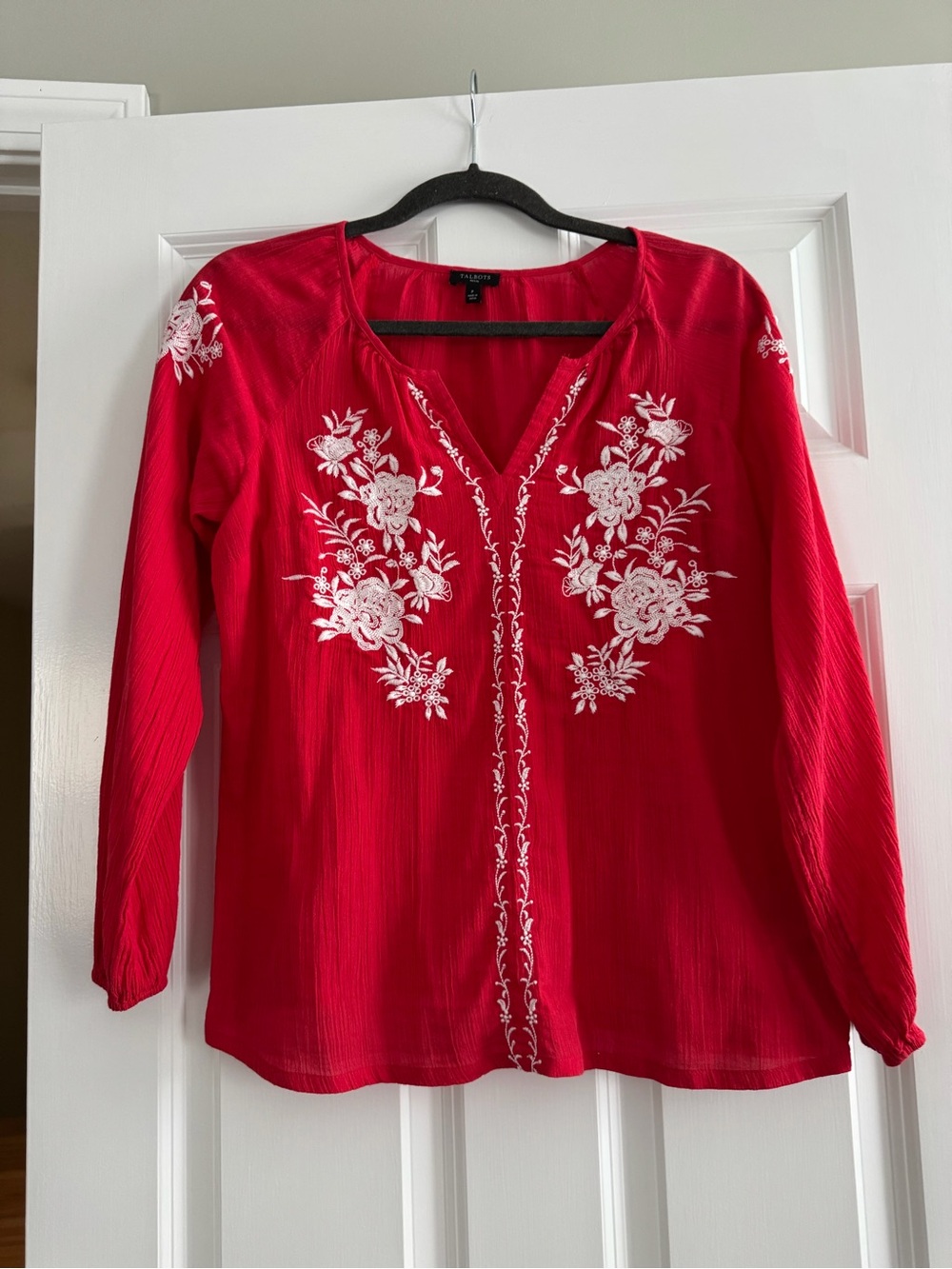 Talbots Red V-Neck Tunic with White Floral Embroidery